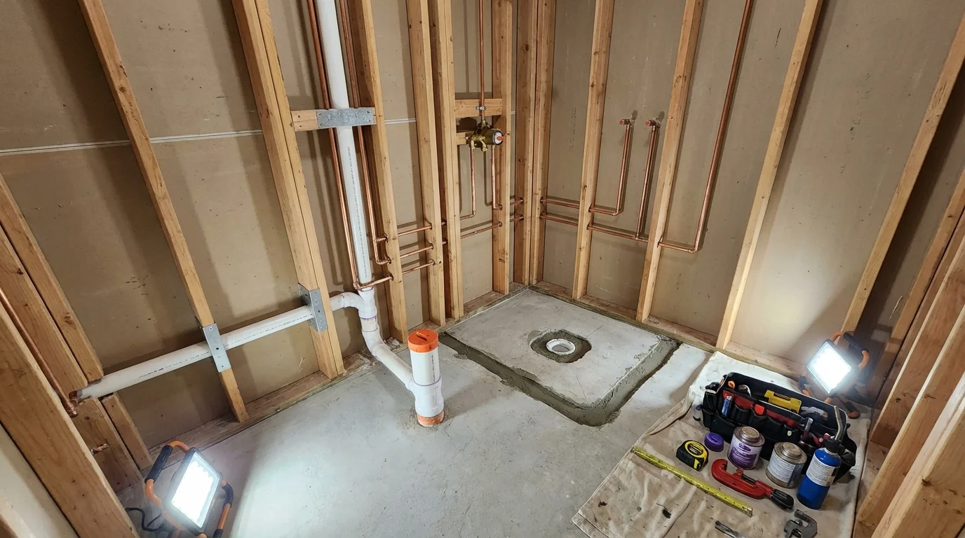 Bathroom rough-in plumbing during remodel by Johns Plumbing LLC in Pierson