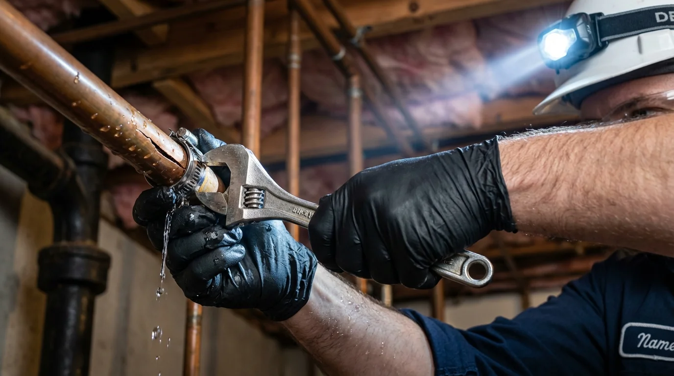 Emergency pipe clamp repair being performed by a Johns Plumbing LLC plumber in Pierson