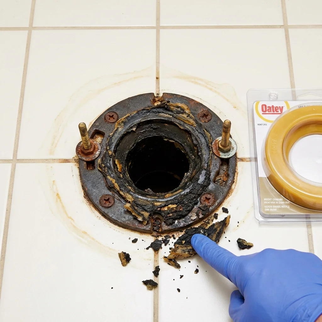 Failed wax ring showing water seepage at the base of a toilet in a Pierson, FL home